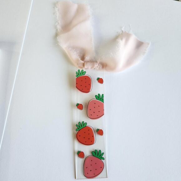 Artsy Strawberries Berry Print Bookmark Ribbon Bow Pink Coquette Bookish Gift - Picture 5 of 9